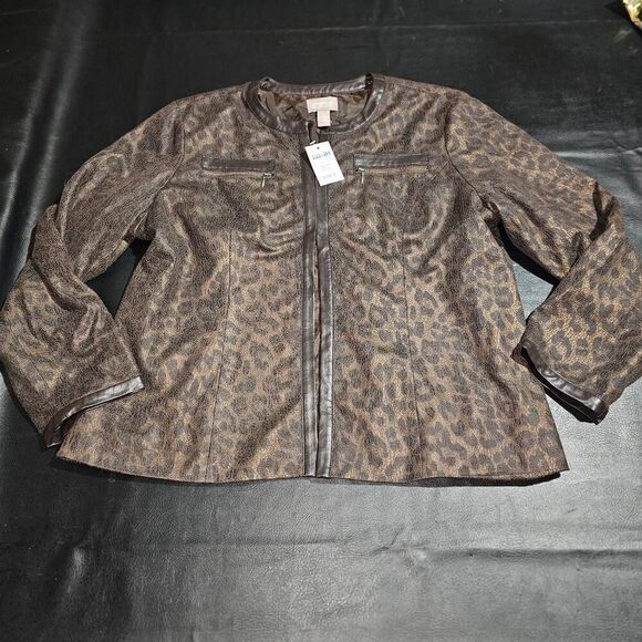 NWT Chico's Womens Brown‎ Animal Leopard Print Faux Leather Trim Jacket 3 XL 16 - Picture 1 of 4